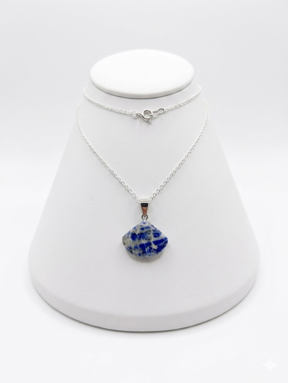 New S925 Sterling Silver Chain Necklace Artisan Blue Lapis Lazuli Fan Pendant - Picture 7 of 12